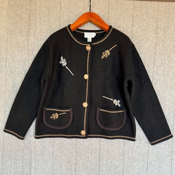 Vintage Mia Nola Black Boiled Wool Embroidered Boxy Cardigan Sweater Size Large - Picture 1 of 8